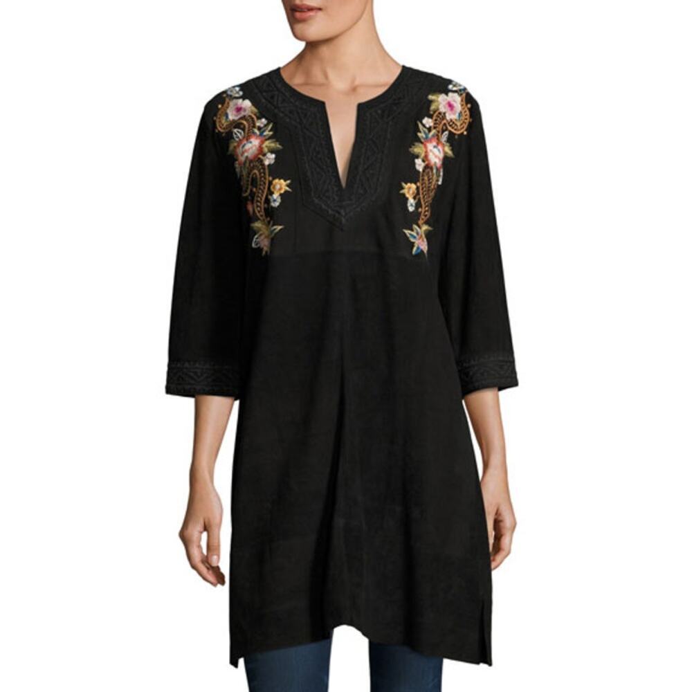 NWOT Johnny Was Dress Black Suede Leather w/ Embroidery Size Medium